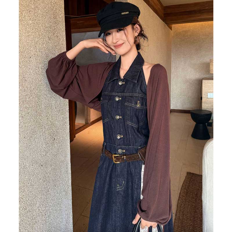 ホルターネックデニムマキシワンピース