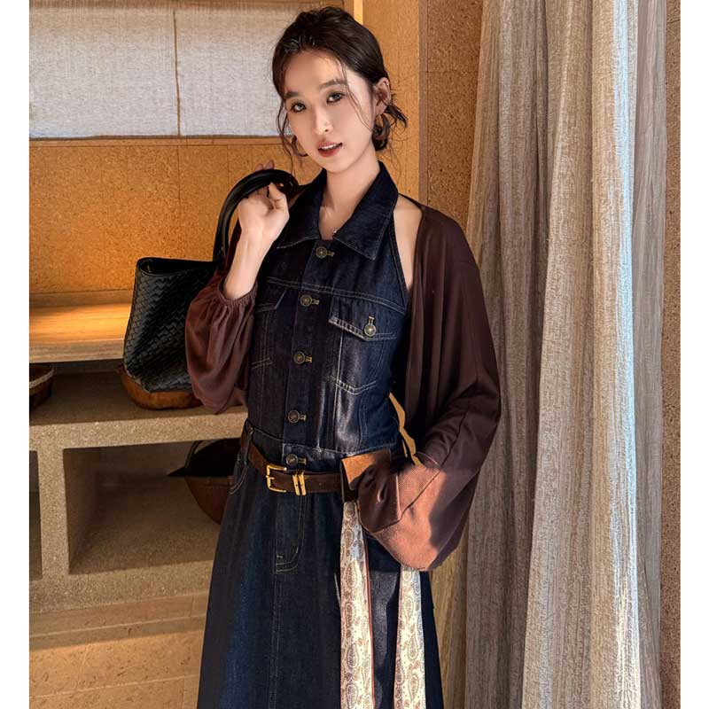 ホルターネックデニムマキシワンピース