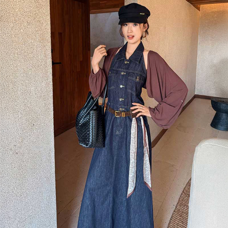 ホルターネックデニムマキシワンピース