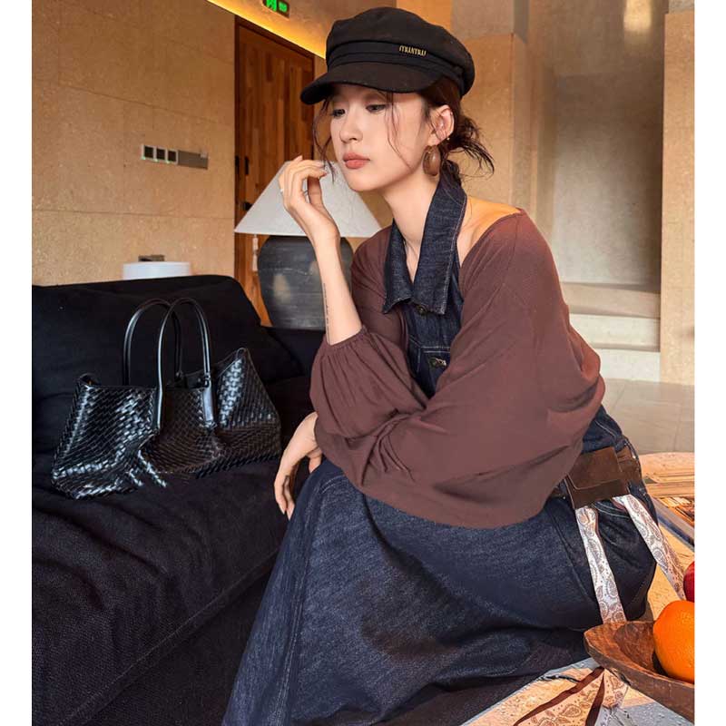 ホルターネックデニムマキシワンピース（紺）春/夏 ヘルシーな肌見せ