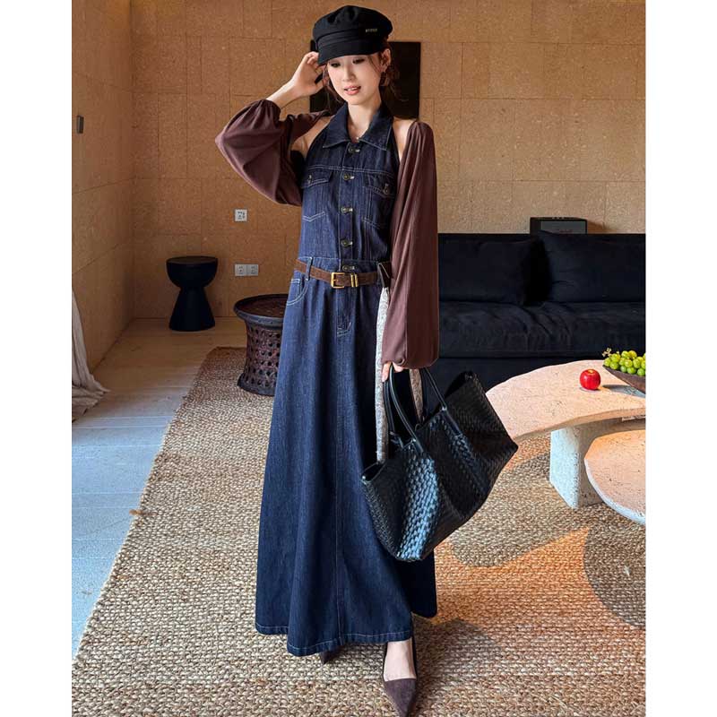 ホルターネックデニムマキシワンピース（紺）春/夏 ヘルシーな肌見せ