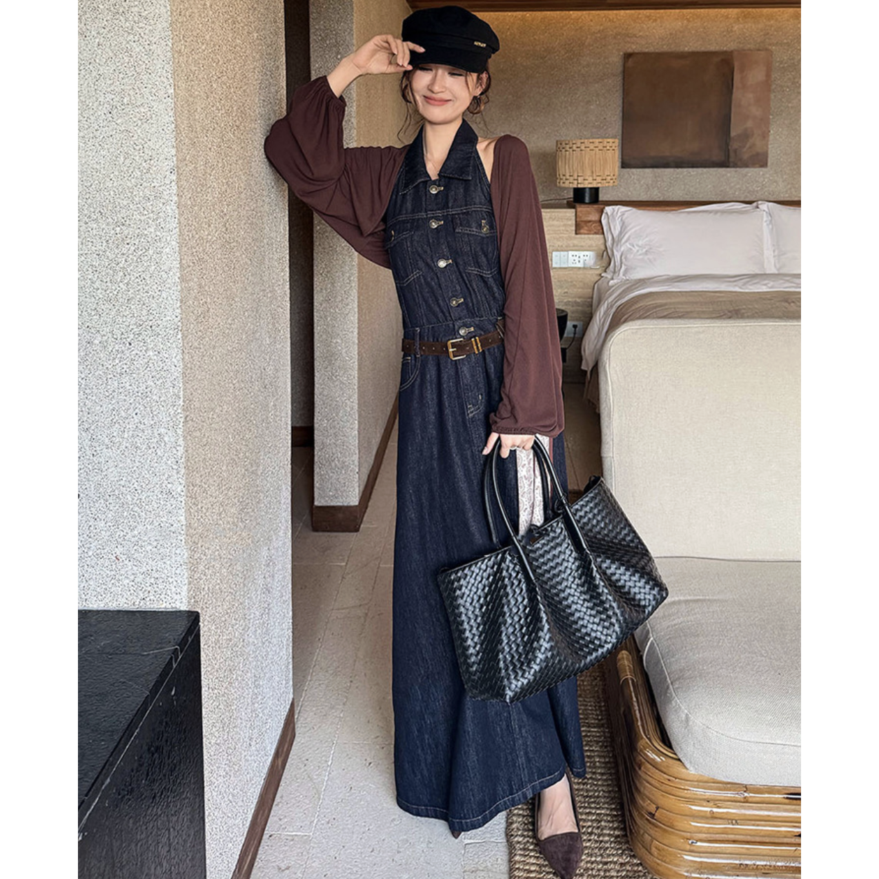 ホルターネックデニムマキシワンピース