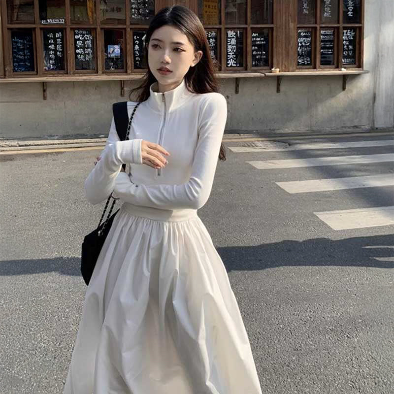 ハーフジップAラインワンピース(2colors)