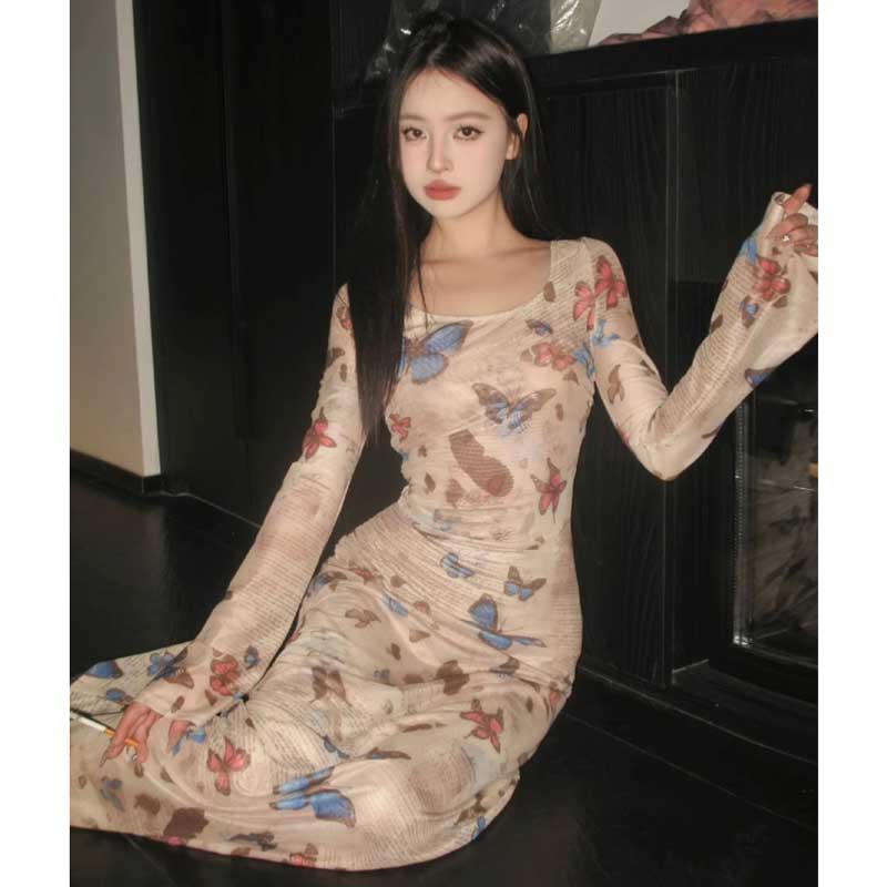 バタフライプリントロングワンピース