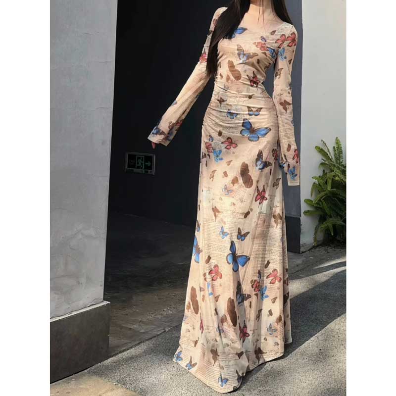バタフライプリントロングワンピース