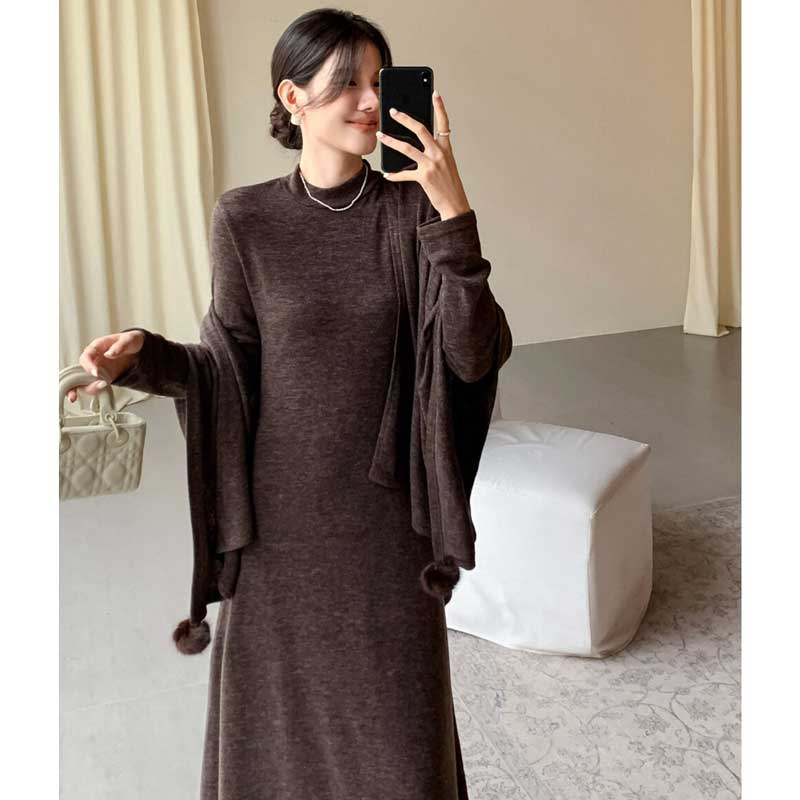 ショール付きハイネックワンピース(3colors)