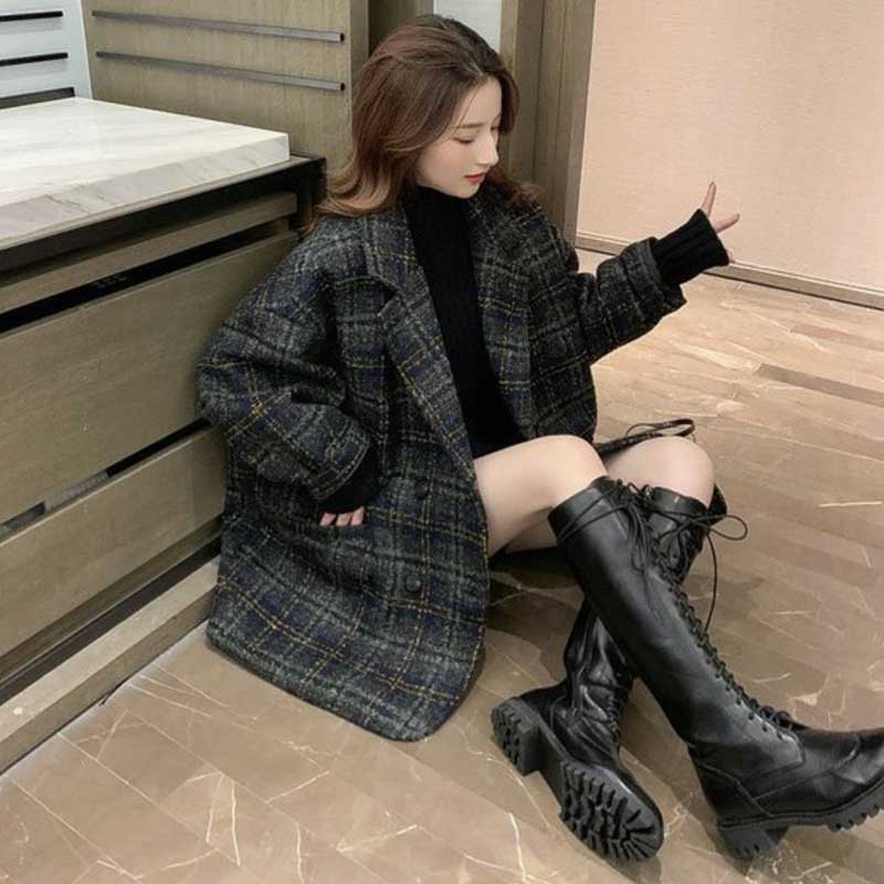 ダブルブレストチェック柄コート(2colors)