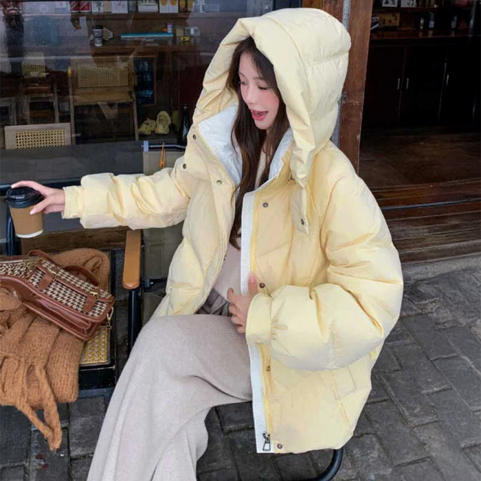 フード付きショート丈ダウンジャケット(5colors)（茶・白・黒・黄・紫