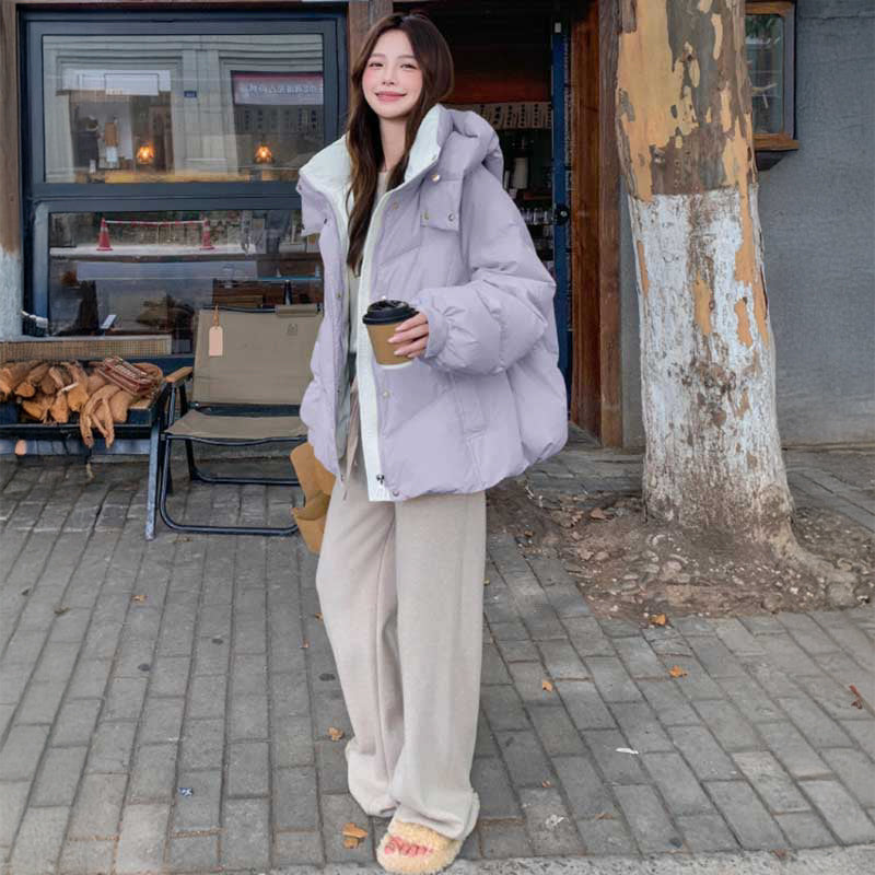 フード付きショート丈ダウンジャケット(5colors)（茶・白・黒・黄・紫