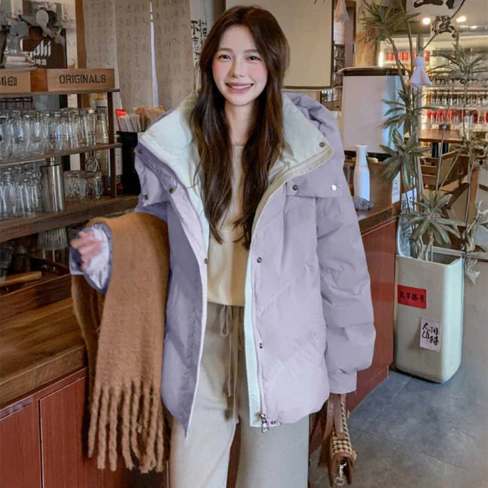 フード付きショート丈ダウンジャケット(5colors)（茶・白・黒・黄・紫