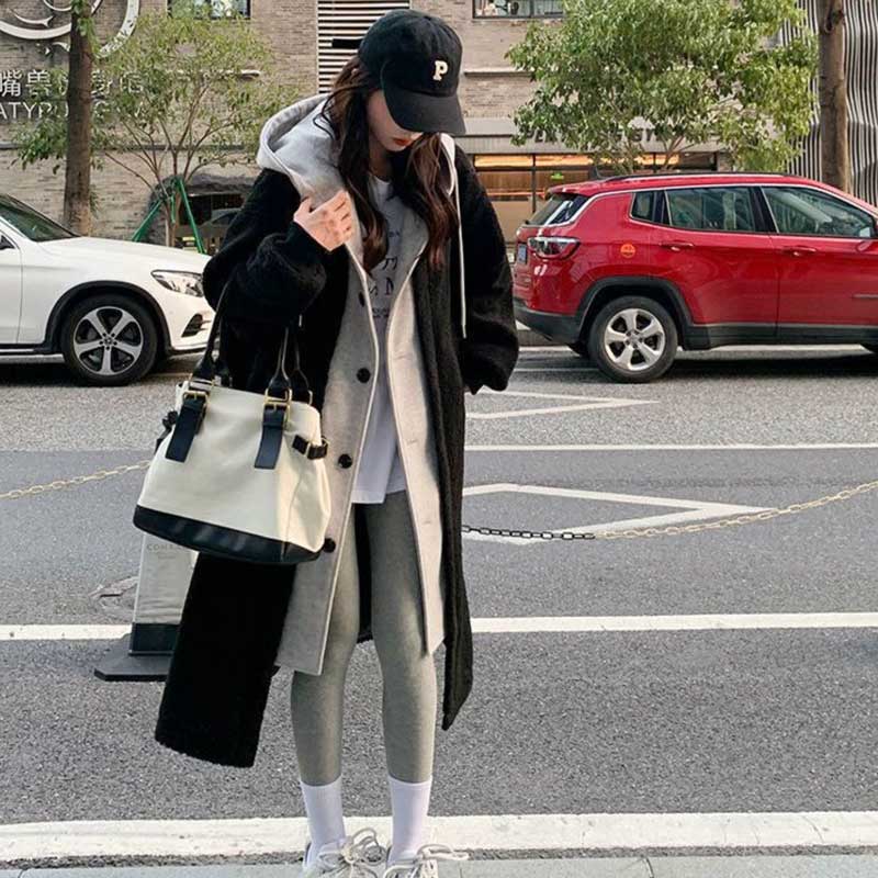 レイヤード風フード付きボアロングコート(3colors)