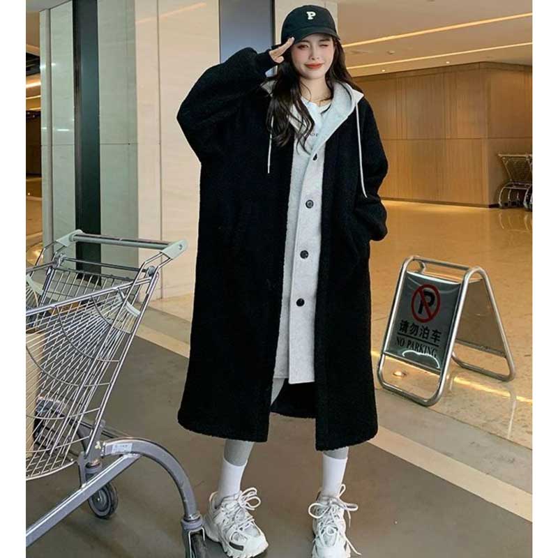 レイヤード風フード付きボアロングコート(3colors)