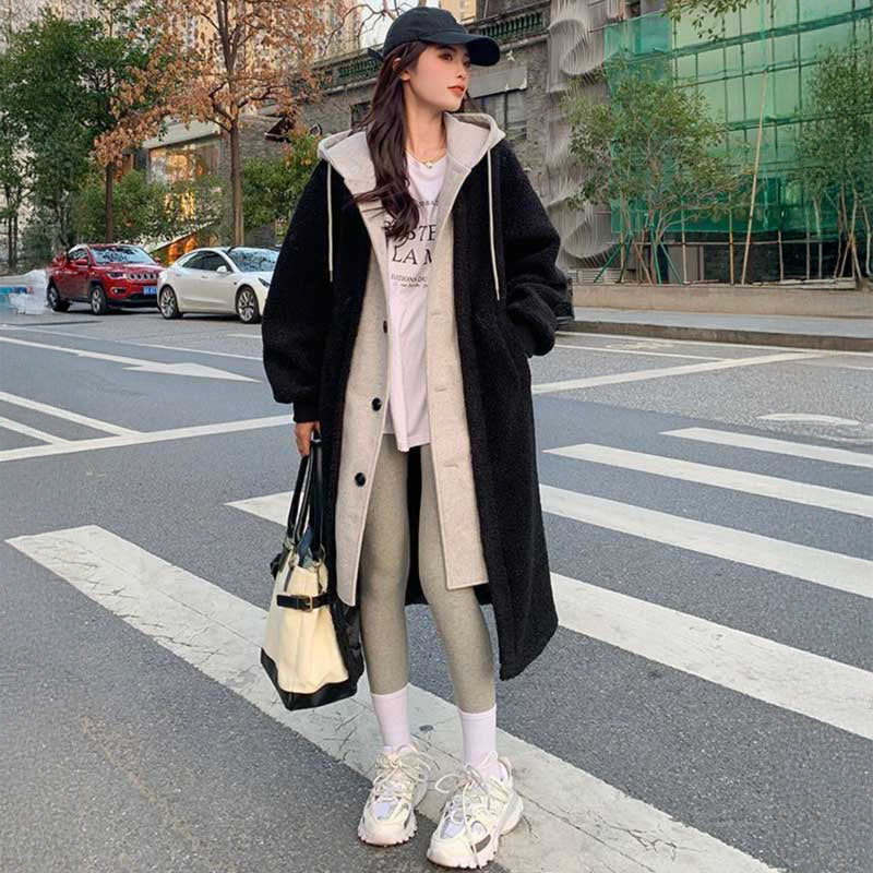 レイヤード風フード付きボアロングコート(3colors)