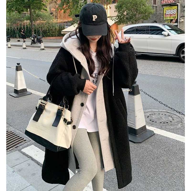 レイヤード風フード付きボアロングコート(3colors)