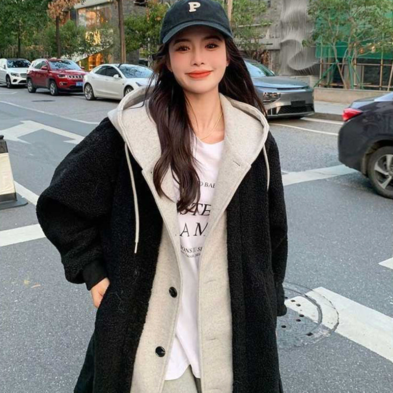 レイヤード風フード付きボアロングコート(3colors)