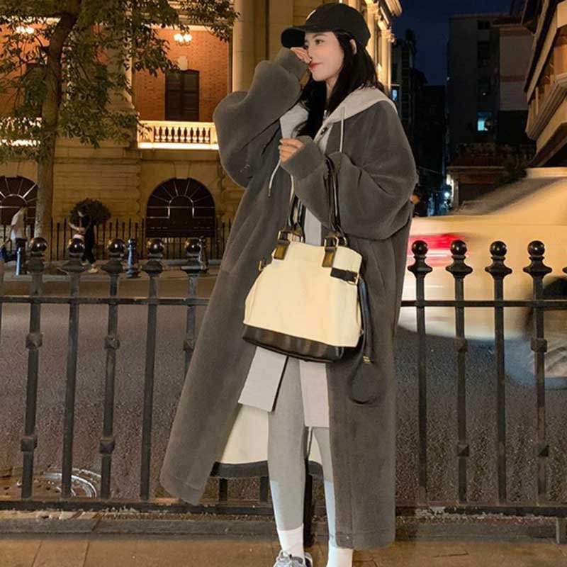 レイヤード風フード付きボアロングコート(3colors)