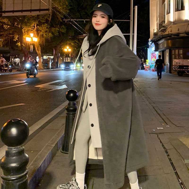 レイヤード風フード付きボアロングコート(3colors)