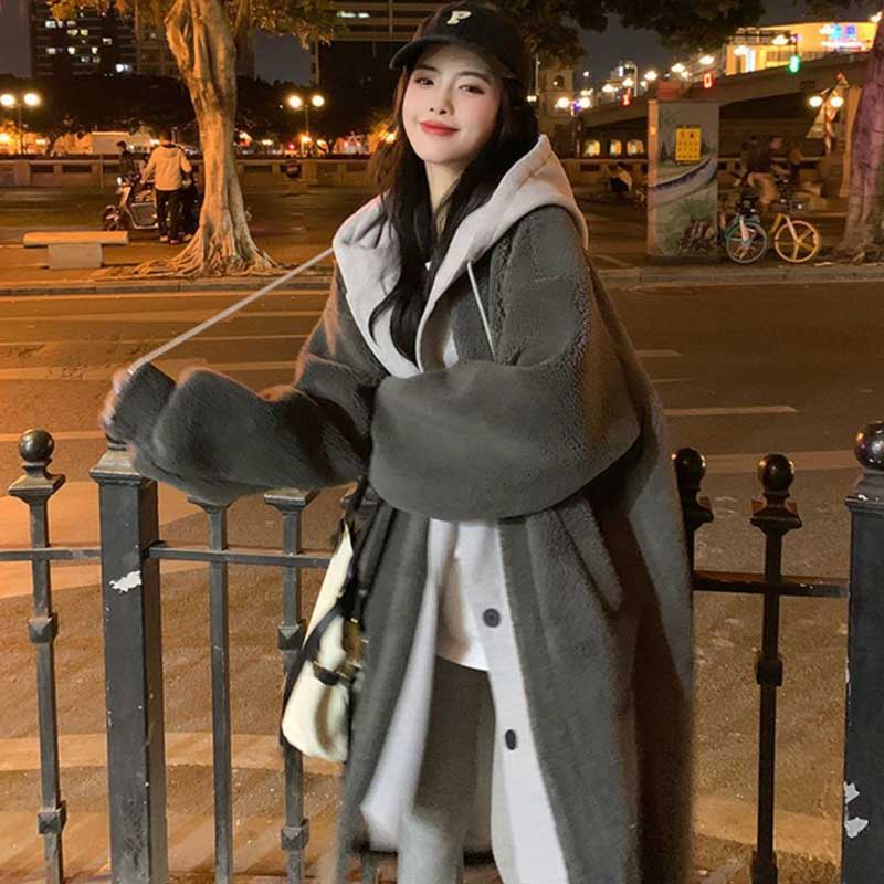 レイヤード風フード付きボアロングコート(3colors)（黒・灰・白）秋/冬