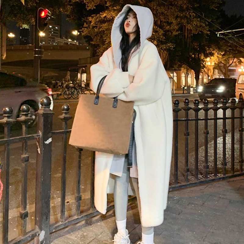 レイヤード風フード付きボアロングコート(3colors)（黒・灰・白）秋/冬