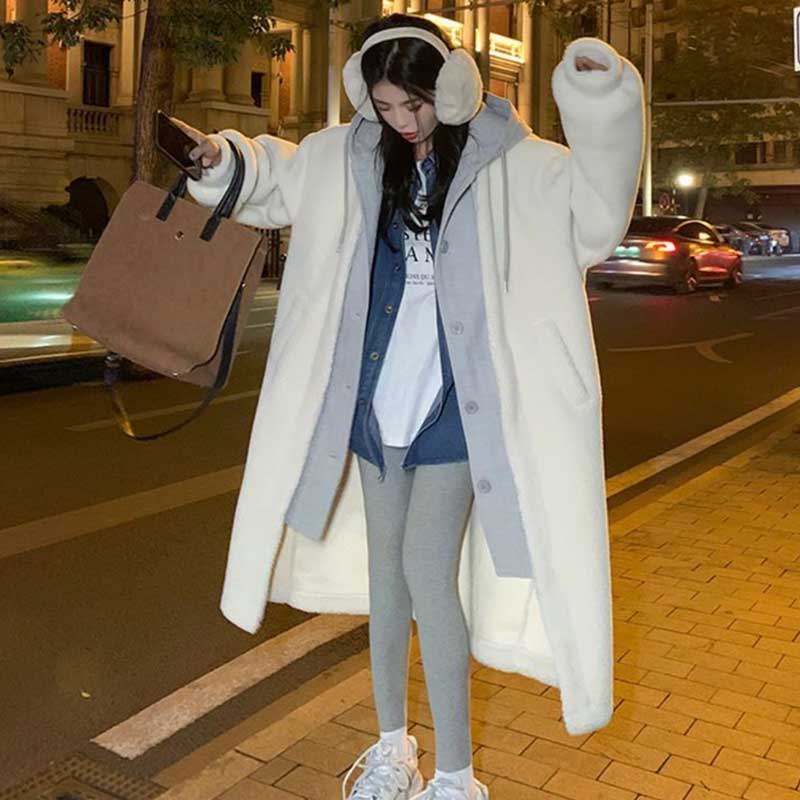 レイヤード風フード付きボアロングコート(3colors)