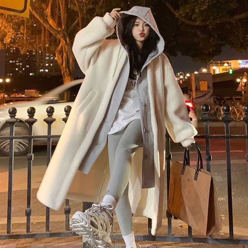 レイヤード風フード付きボアロングコート(3colors)（黒・灰・白）秋/冬