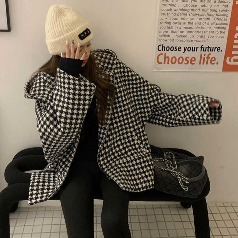 フード付き千鳥柄ジャケット