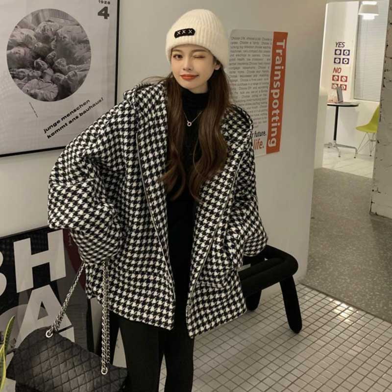 フード付き千鳥柄ジャケット