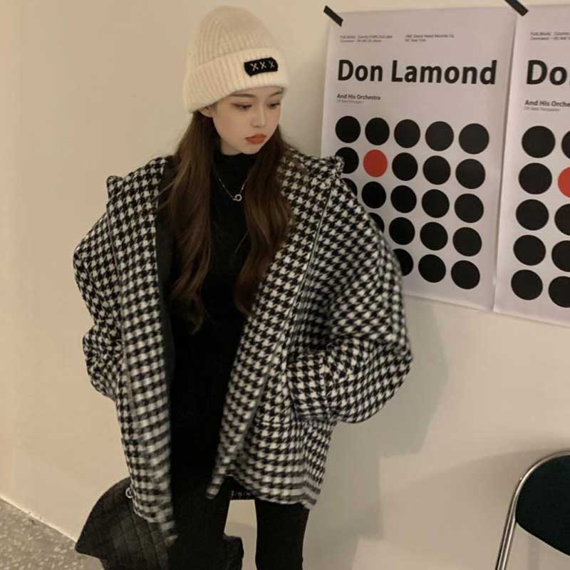 フード付き千鳥柄ジャケット