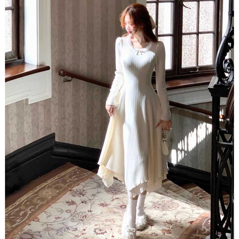 レーストリムフレアニットワンピース