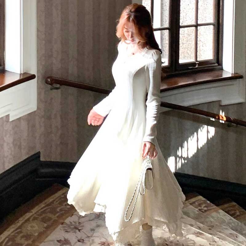 レーストリムフレアニットワンピース