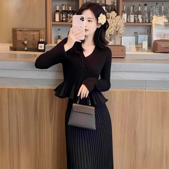 ペプラムカーディガン×リブニットスカート(2colors)