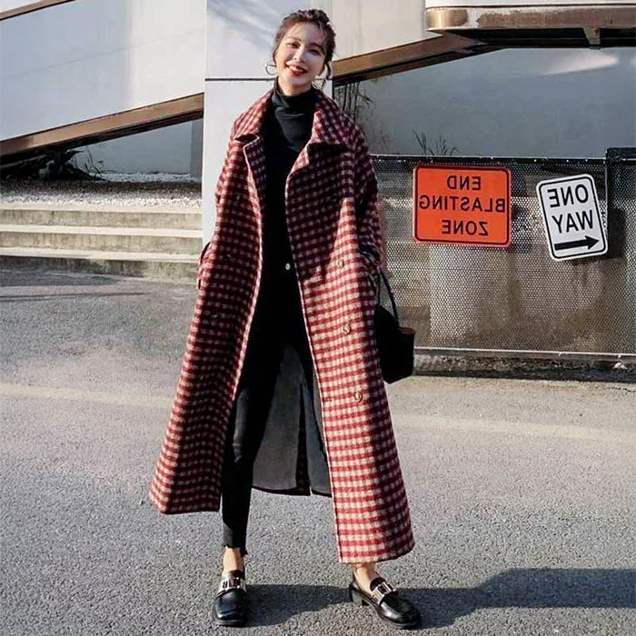 レッドチェックチェスターコート（赤）秋/冬 トラッドなダブルブレスト