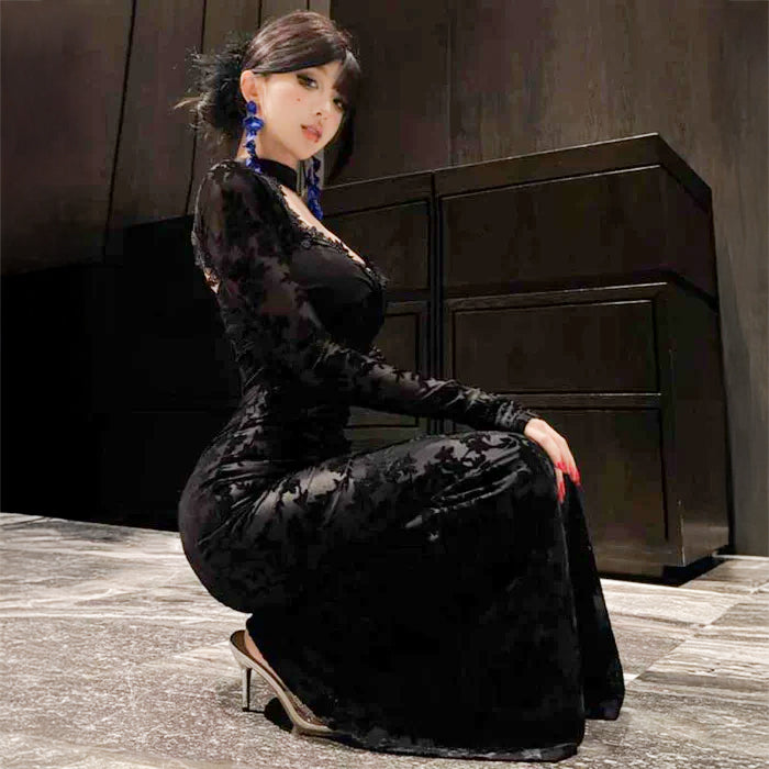 チョーカー風ロングレースドレス(2colors)