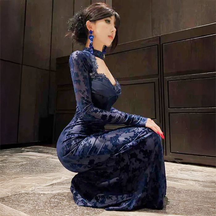 チョーカー風ロングレースドレス(2colors)