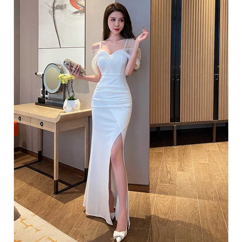 パイピングスリットロングドレス パイピングスリットロングドレス 袖透け感花柄レース配色パイピング