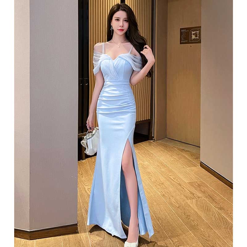 オフショルダースリット入りロングドレス(2colors)（白・青）大胆