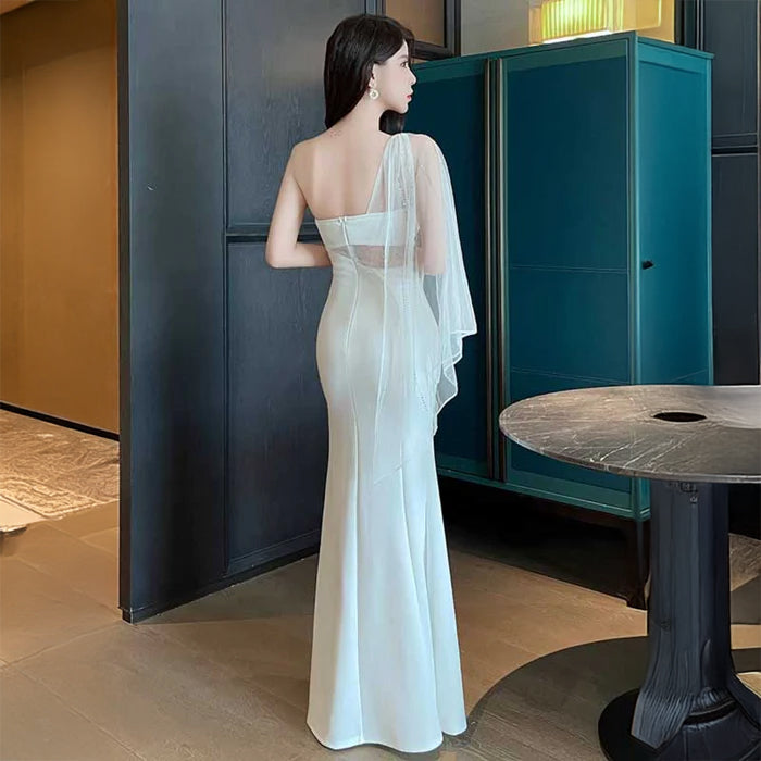 ワンショルダーロングマーメイドドレス(3colors)（緑・青・白）シアー