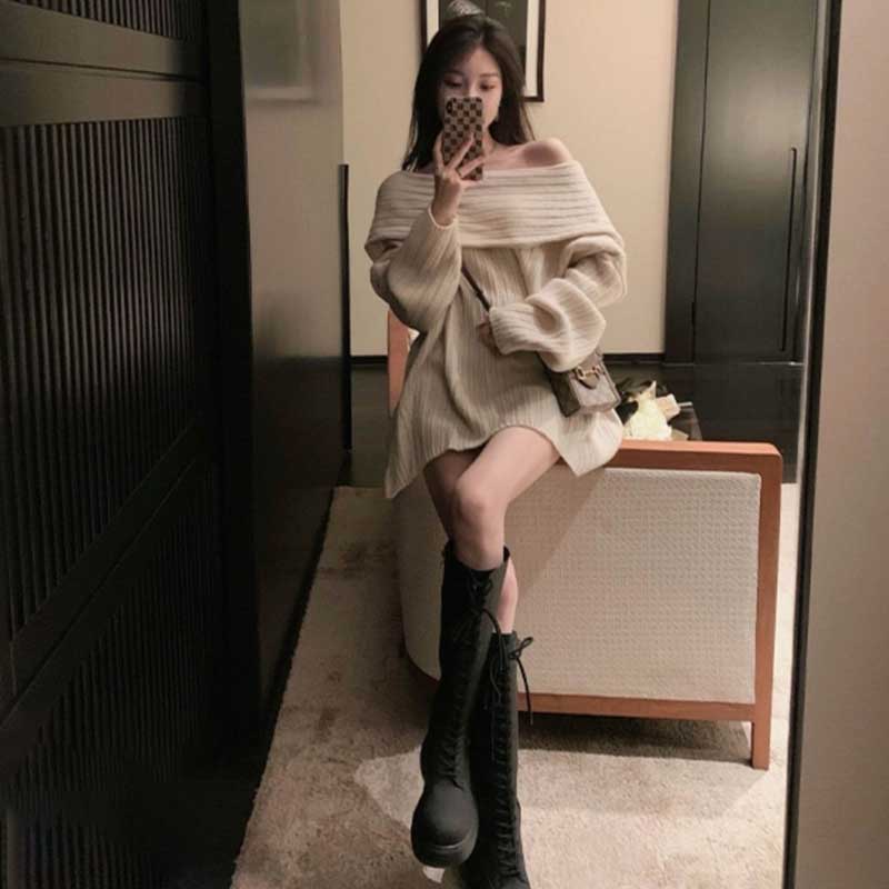 オフショルダーリラックスニットワンピース(2colors)