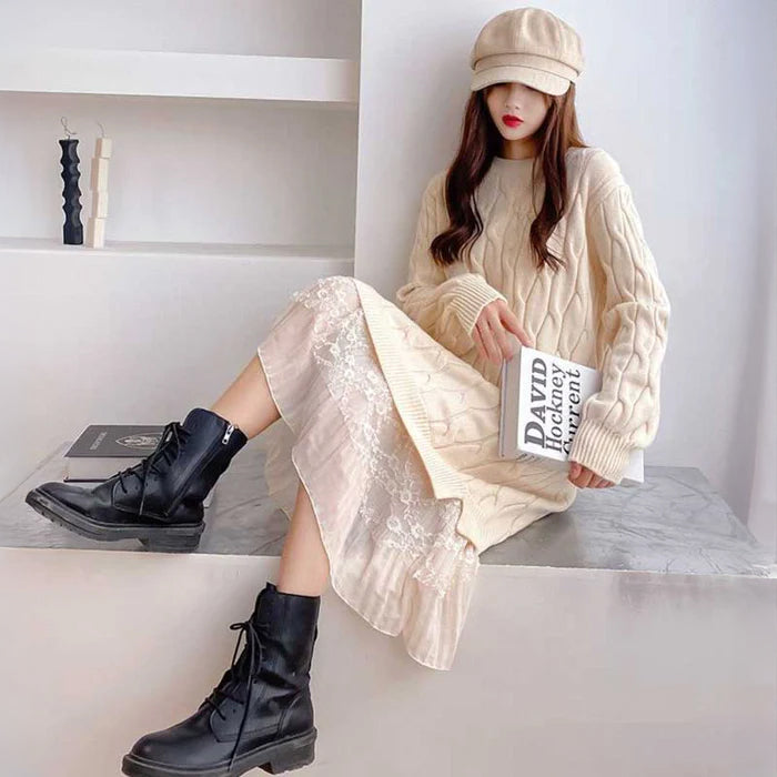 裾レースケーブルニットワンピース(3colors)