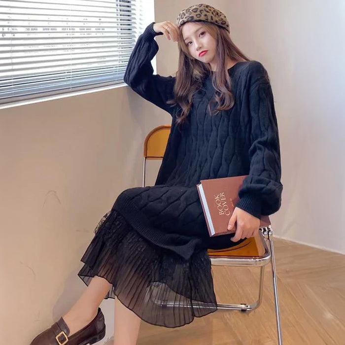 裾レースケーブルニットワンピース(3colors)