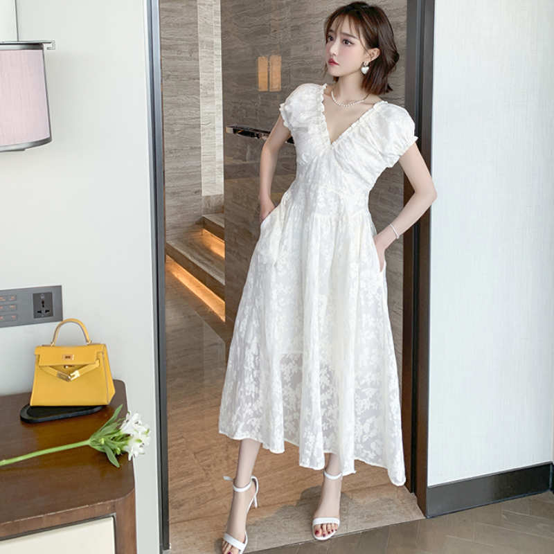 バックオープンパフスリーブ花柄マキシワンピース