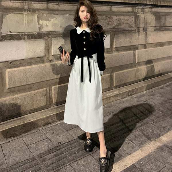 【即納】バイカラーベロアブラウスコンビウエストリボンワンピース