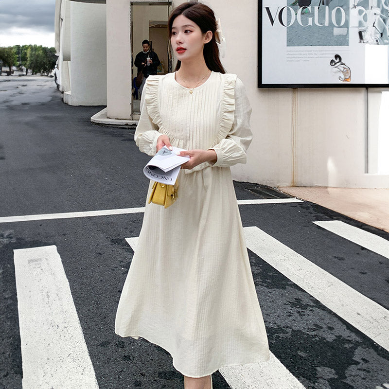 プリーツフリルヨークロングワンピース