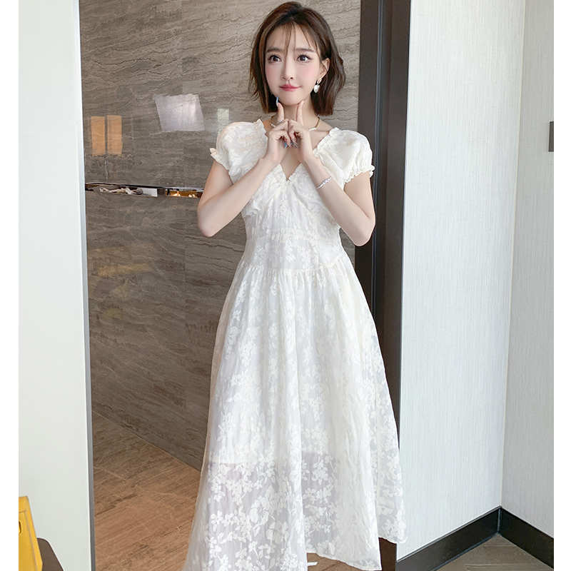 バックオープンパフスリーブ花柄マキシワンピース