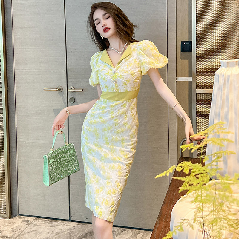 バルーンスリーブオープンカラー花柄ペンシルワンピース