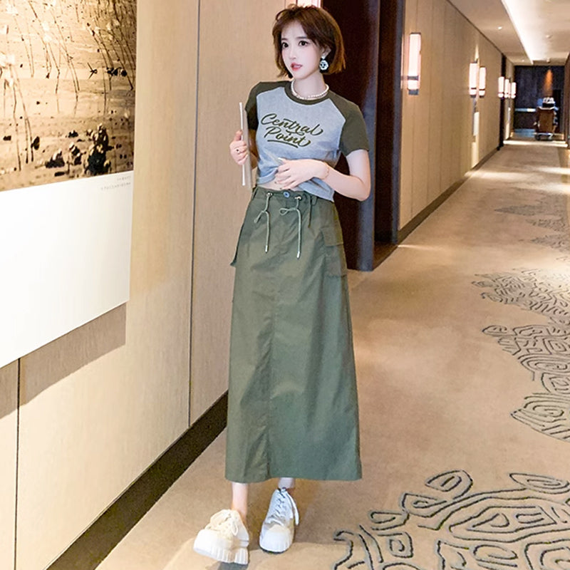 ラグランロゴTシャツ×ロングカーゴスカート【上下別売り可】