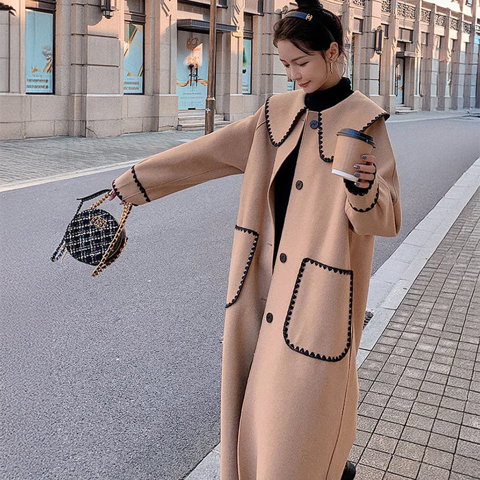 スカラップ刺繍ビッグカラーロングコート