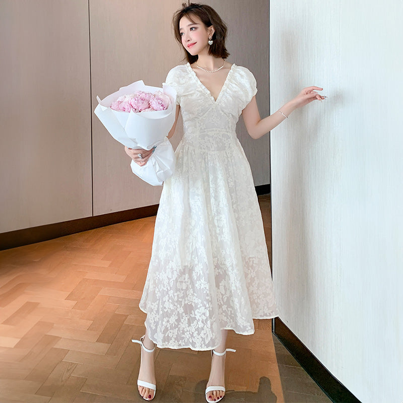 バックオープンパフスリーブ花柄マキシワンピース