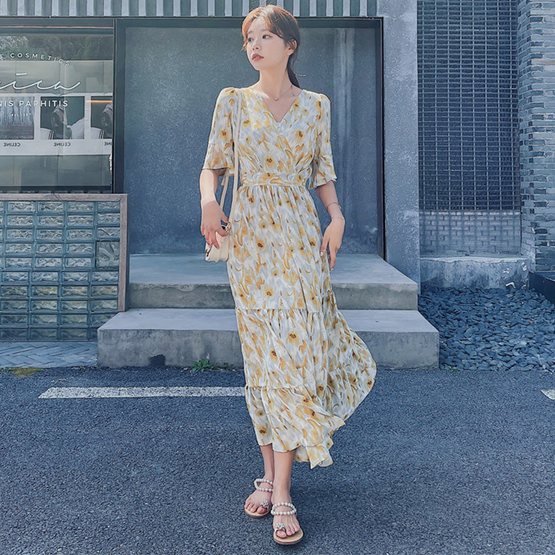 カシュクールティアード花柄マキシワンピース