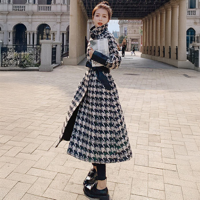 エコレザーコンビネーション千鳥格子柄ロングコート